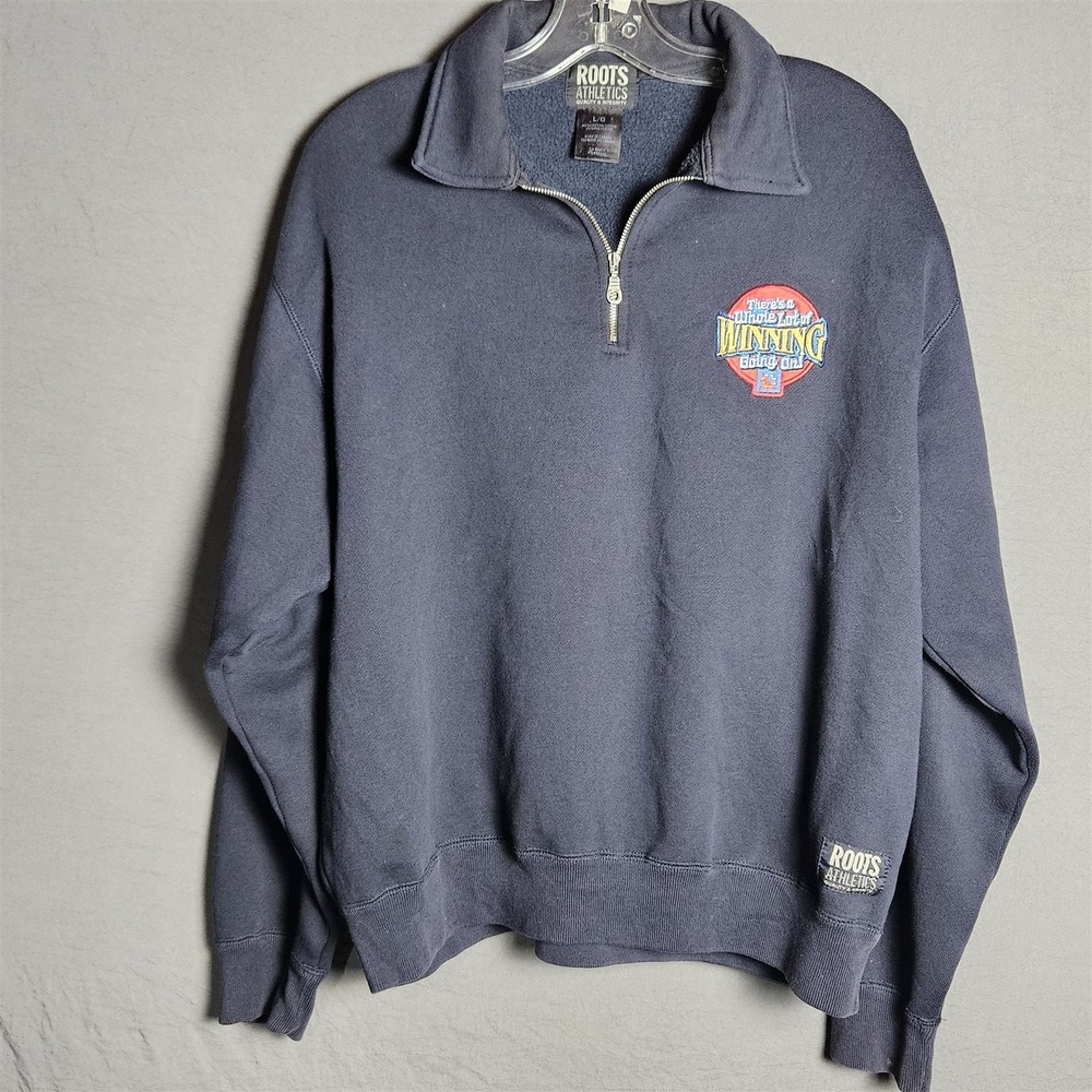 Vintage Roots Athletics Canada Navy 1/4 Zip Sweatshirt Mens L Made in Canada
